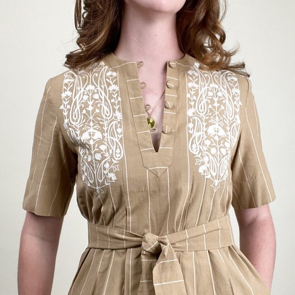 Vintage Embroidered Pleated Midi Dress Button Up Quiet Understated Luxury Preppy - Picture 5 of 9